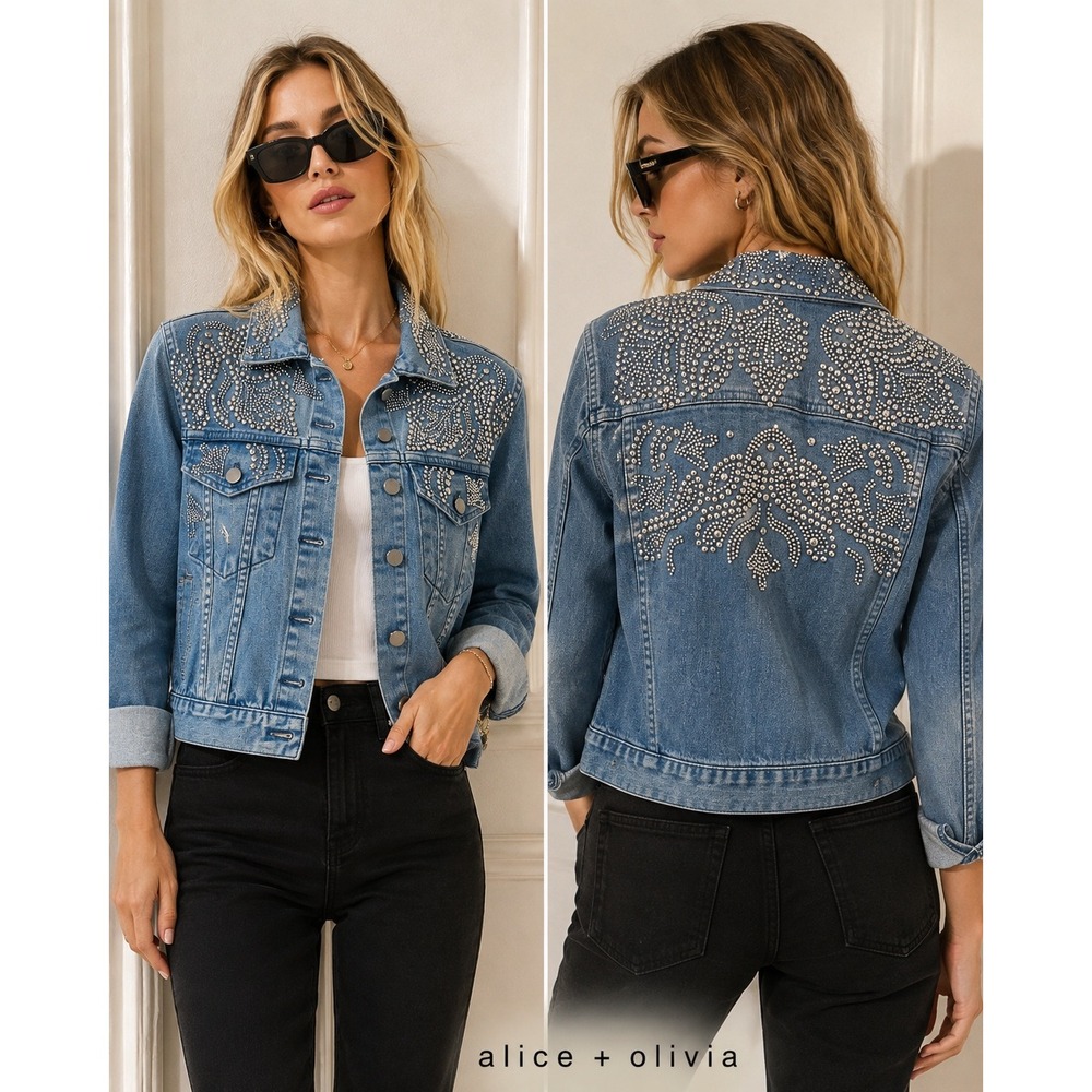 Alice + Olivia Studded Embellished Denim Jacket Blue Medium Wash XS TP